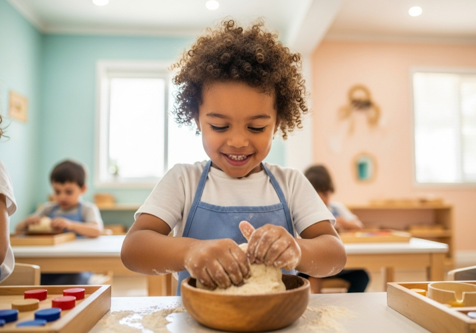 Child kneading dough and making bread in Montessori kitchen